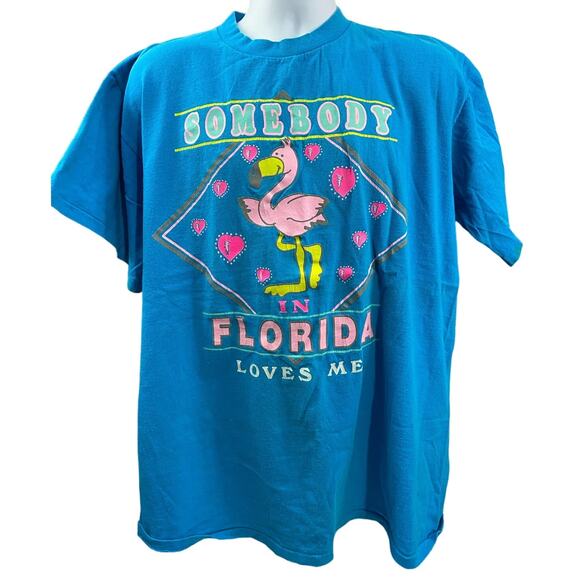 Rare! Vintage 90s Somebody in Florida loves me T-Shirt ! XL Pink Flamingo - Picture 1 of 10
